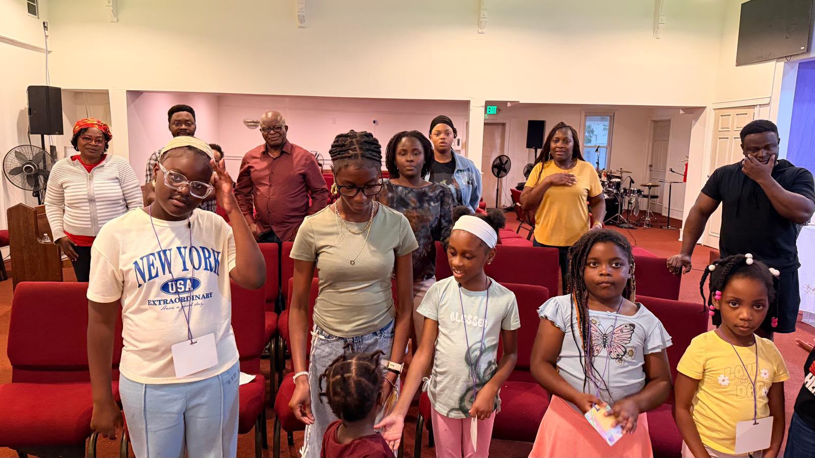 Vacation Bible School class gathered in the sanctuary