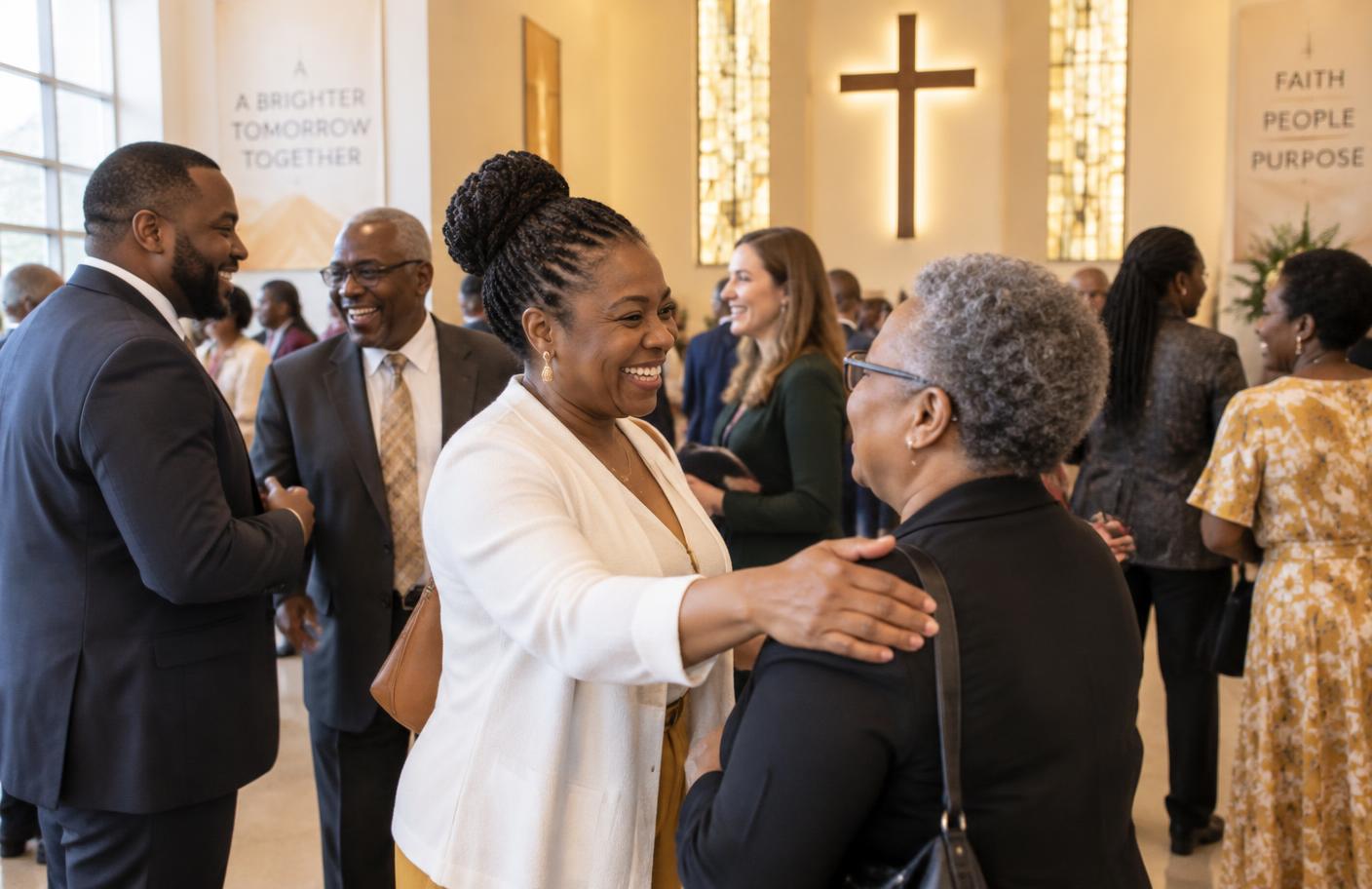 Members greeting one another after service